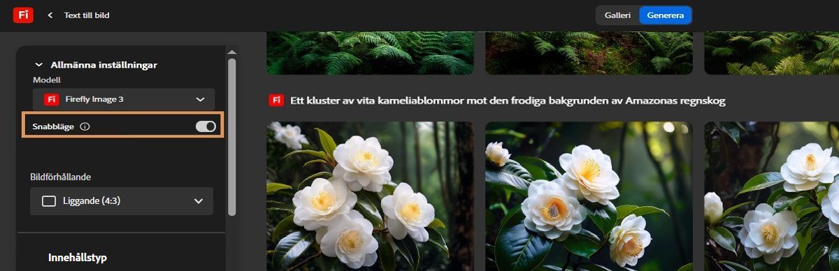 I modulen Text till bild under Allmänna inställningar visas listrutan Modell med alternativ som Firefly Image 3, Firefly Image 2 och Snabbläge. För närvarande är Firefly Image 3 markerad med Snabbläge aktiverat.