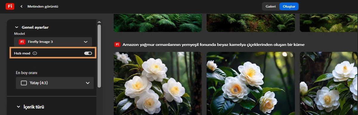 Metinden görüntü modülünde, Genel ayarlar altında Model açılır menüsü açıktır ve Firefly Image 3, Firefly Image 2 ve Hızlı mod gibi seçenekler görüntülenmektedir. Şu anda Firefly Image 3 seçili ve Hızlı mod etkindir.