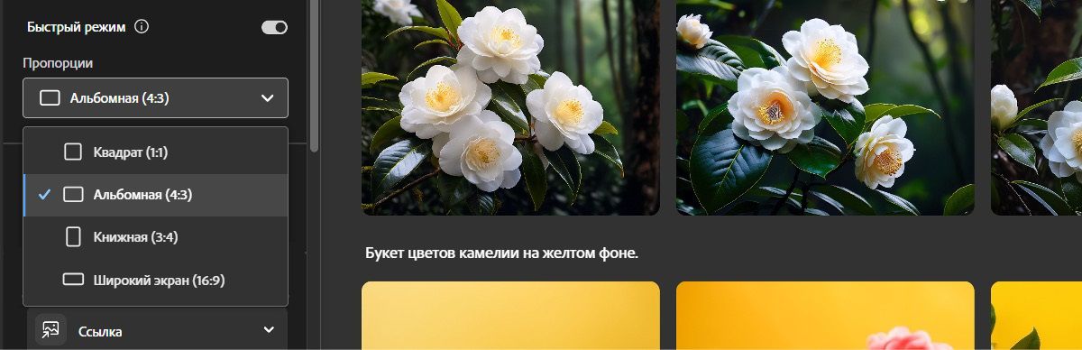 Открыто раскрывающееся меню «Формат» с несколькими вариантами на выбор. В качестве примера выбран параметр «Альбомная», позволяющий создавать варианты изображений, которые идеально подходят для использования в качестве баннеров веб-сайтов.