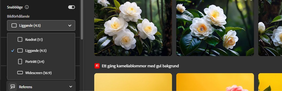 Listrutan Bildförhållande är öppen och visar flera olika alternativ. Alternativet Liggande är för närvarande valt för att skapa bildvariationer som passar perfekt att använda som webbanderoller.