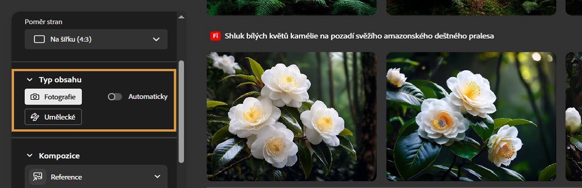 V části Typ obsahu můžete provést výběr mezi možnostmi Fotografie a Umění. Výběr možnosti Fotografie způsobí, že technologie Firefly vygeneruje fotorealistické variace obrázku.