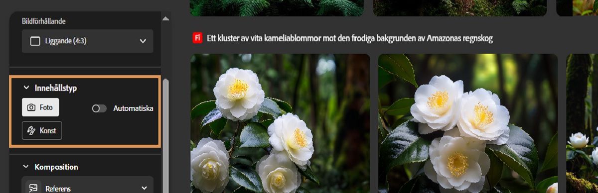 I avsnittet Innehållstyp kan du välja mellan alternativen Foto och Konst. Alternativet Foto är valt för att få Firefly att generera fotorealistiska bildvariationer.