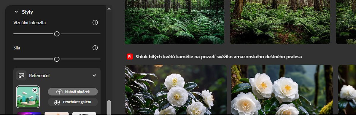 V části Styl se přidá referenční obrázek a posuvníky Síla a Vizuální intenzita se upraví tak, aby generované variace odpovídaly referenčnímu stylu.