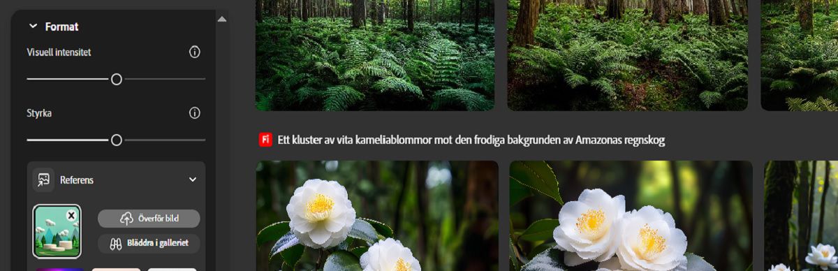 I avsnittet Stil läggs en referensbild till och reglagen Styrka och Visuell intensitet justeras för att säkerställa att de genererade variationerna följer stilreferensen.