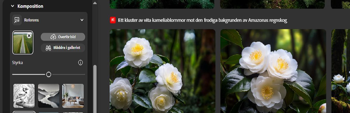 Under Referens i avsnittet Sammansättning läggs en bild till som referens och reglaget Styrka justeras för att ange konturens intensitet och hur djupet ska följas i de genererade variationerna.