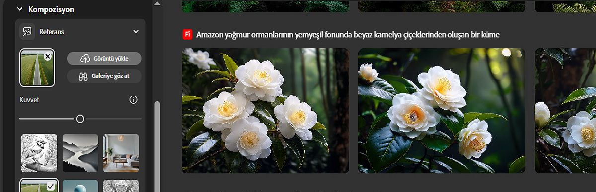 Kompozisyon bölümünde, Referans altında, referans için bir görüntü eklenir ve oluşturulan çeşitlemelerdeki ana hat yoğunluğunu ve derinlik bağlılığını belirtmek için Kuvvet kaydırıcısı ayarlanır.