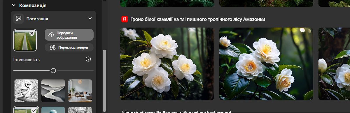 У розділі «Композиція» в підрозділі «Зразок» додано зображення-зразок, а повзунок «Інтенсивність» відрегульовано, щоб визначити інтенсивність контуру та ступінь відповідності зразку у створених варіантах.