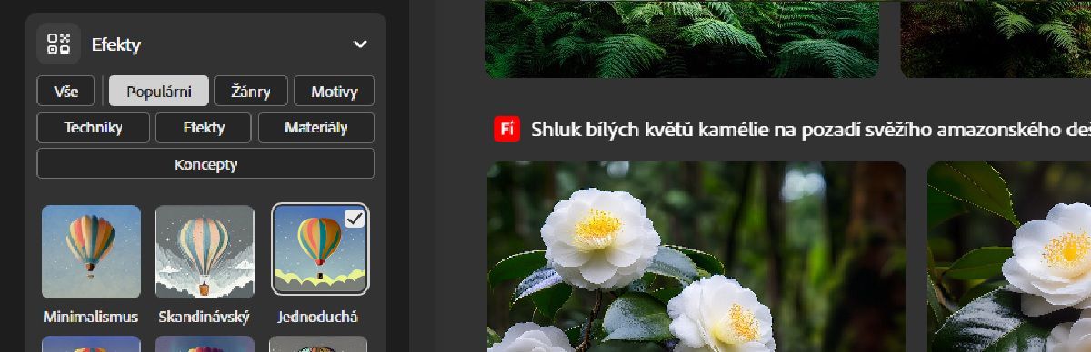 V části Efekty můžete vybírat z několika kategorií efektů a efektů. Momentálně je pro generování obrázku vybrán efekt Bokeh.