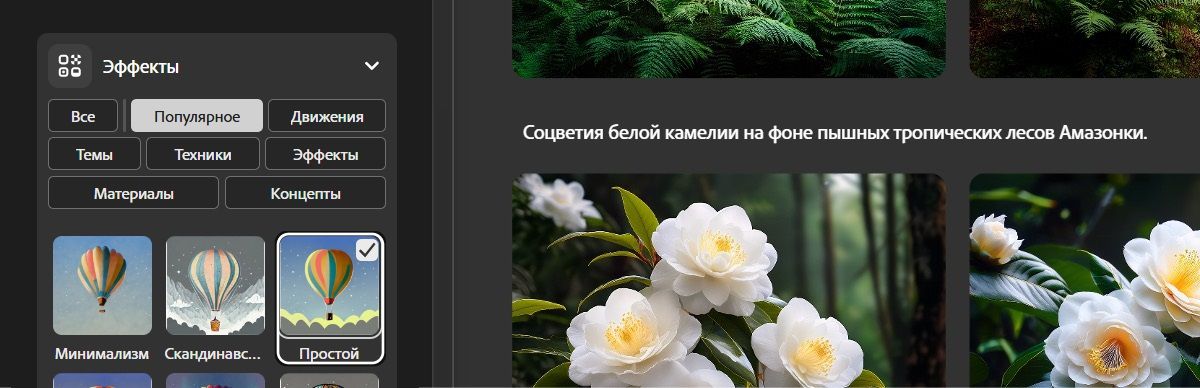В разделе «Эффекты» можно выбрать эффекты из нескольких категорий. В качестве примера для создания изображений выбран эффект боке.