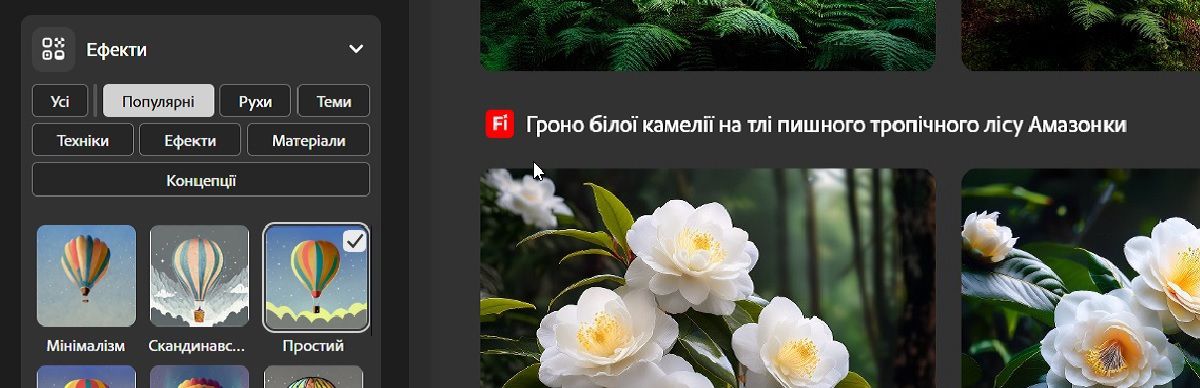 У розділі «Ефекти» є кілька категорій ефектів й ефектів на вибір. Зараз для створення зображень вибрано ефект «Боке».