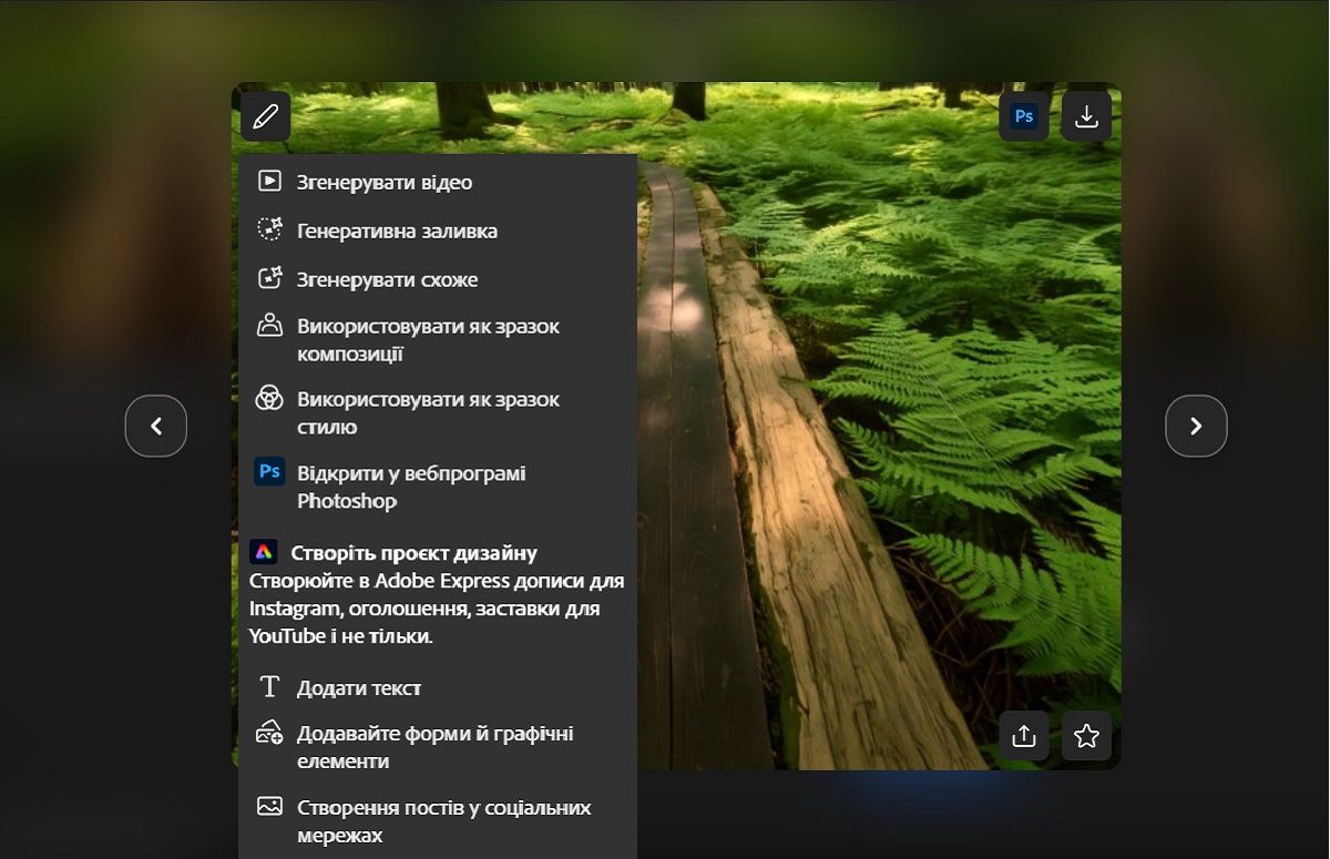 Якщо навести курсор на створене зображення, з’являється кілька опцій. Типово вибрано опцію «Редагування», яку можна змінити на такі: «Створення відео», «Генеративна заливка», «Використовувати як зразок стилю» тощо.