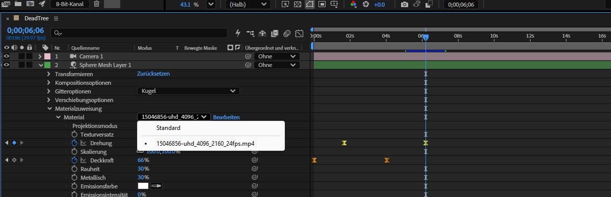 Material-Dropdown geöffnet auf einer Kugel-Mesh-Ebene, das Kompositionsebenen Hintergrund, sample-video2.mov und Textur als Materialquellen auflistet, mit ausgewähltem sample-video2.mov.
