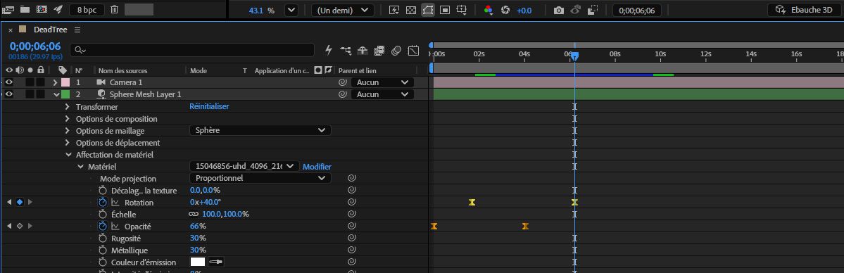 Rotation et Opacité avec images clés sur le matériel sample-video2.mov, avec le mode Projection défini sur Proportionnel.