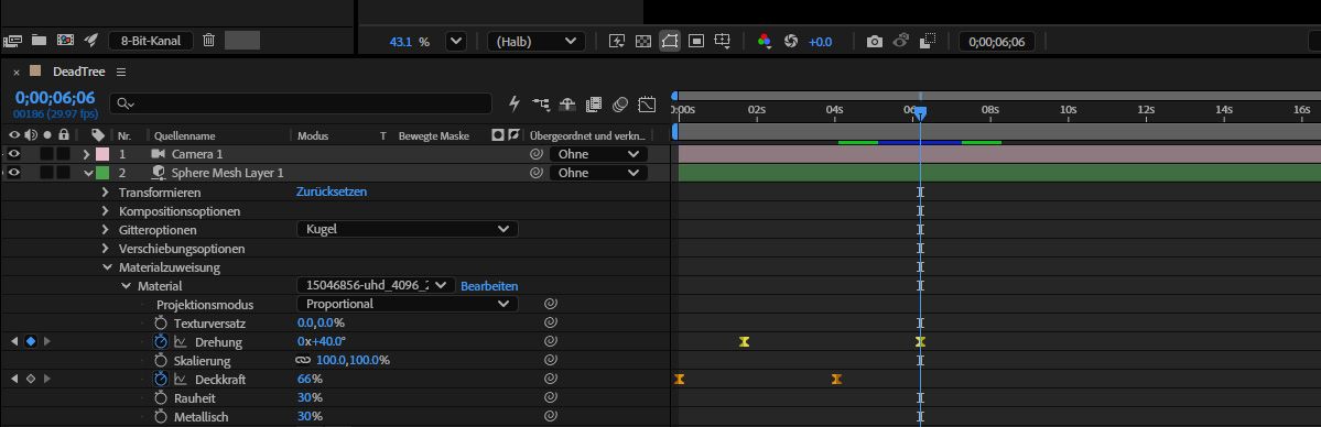Drehung und Deckkraft mit Keyframes auf dem sample-video2.mov-Material animiert, mit Projektionsmodus auf „Proportional“ gesetzt.