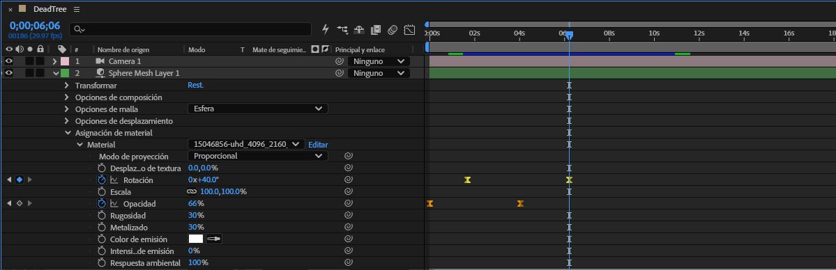 Rotación y opacidad con fotogramas clave en el material sample-video2.mov, con Modo de proyección establecido en Proporcional.