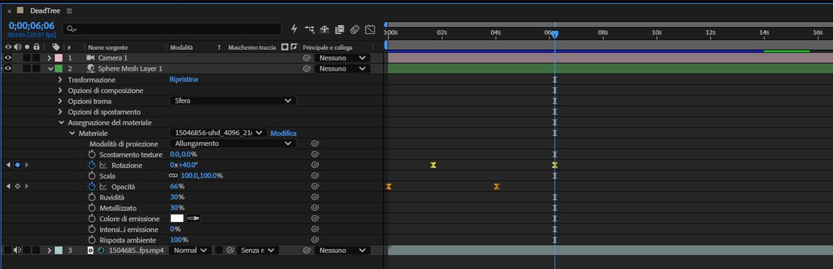 Rotazione e Opacità con fotogrammi chiave sul materiale sample-video2.mov, con Modalità proiezione impostata su Proporzionale.