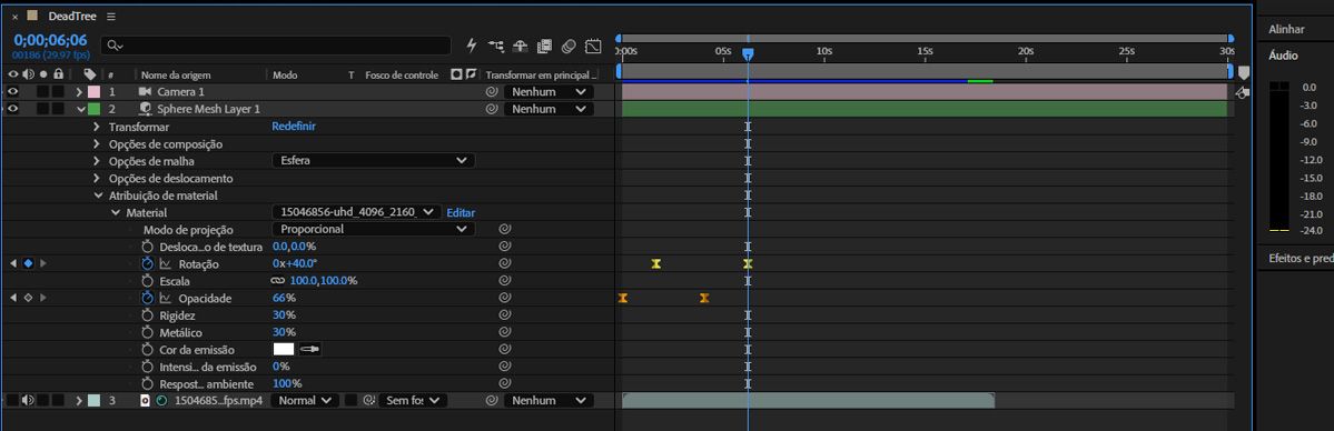 Rotação e opacidade com quadros-chave no material sample-video2.mov, com Modo de projeção definido como Proporcional.