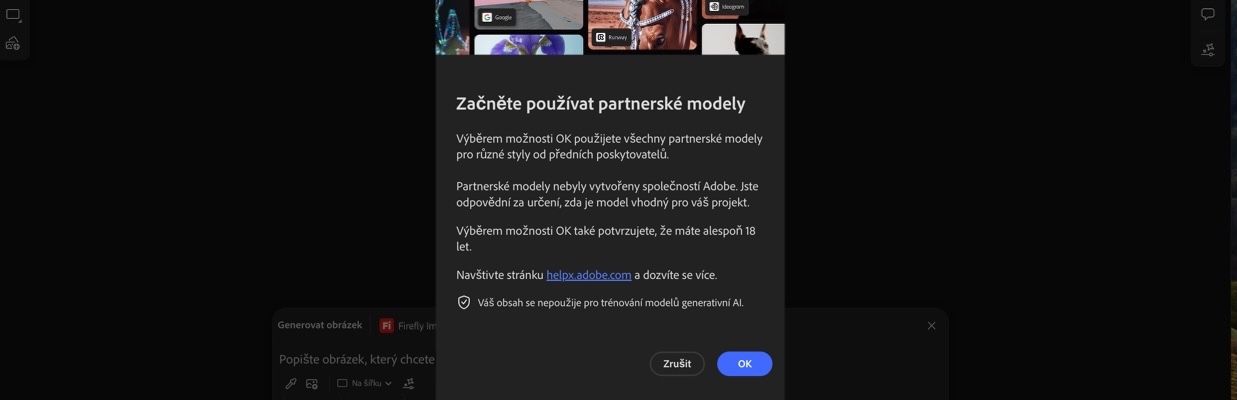 Zahájení používání partnerských modelů je otevřené a máte možnost pokračovat nebo zrušit.