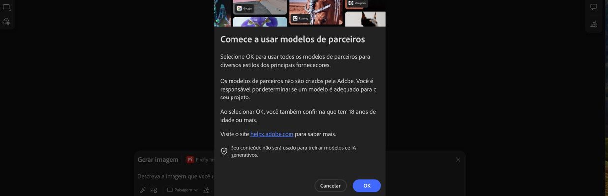 A opção Começar usando modelos de parceiros está aberta e você pode continuar ou cancelar.