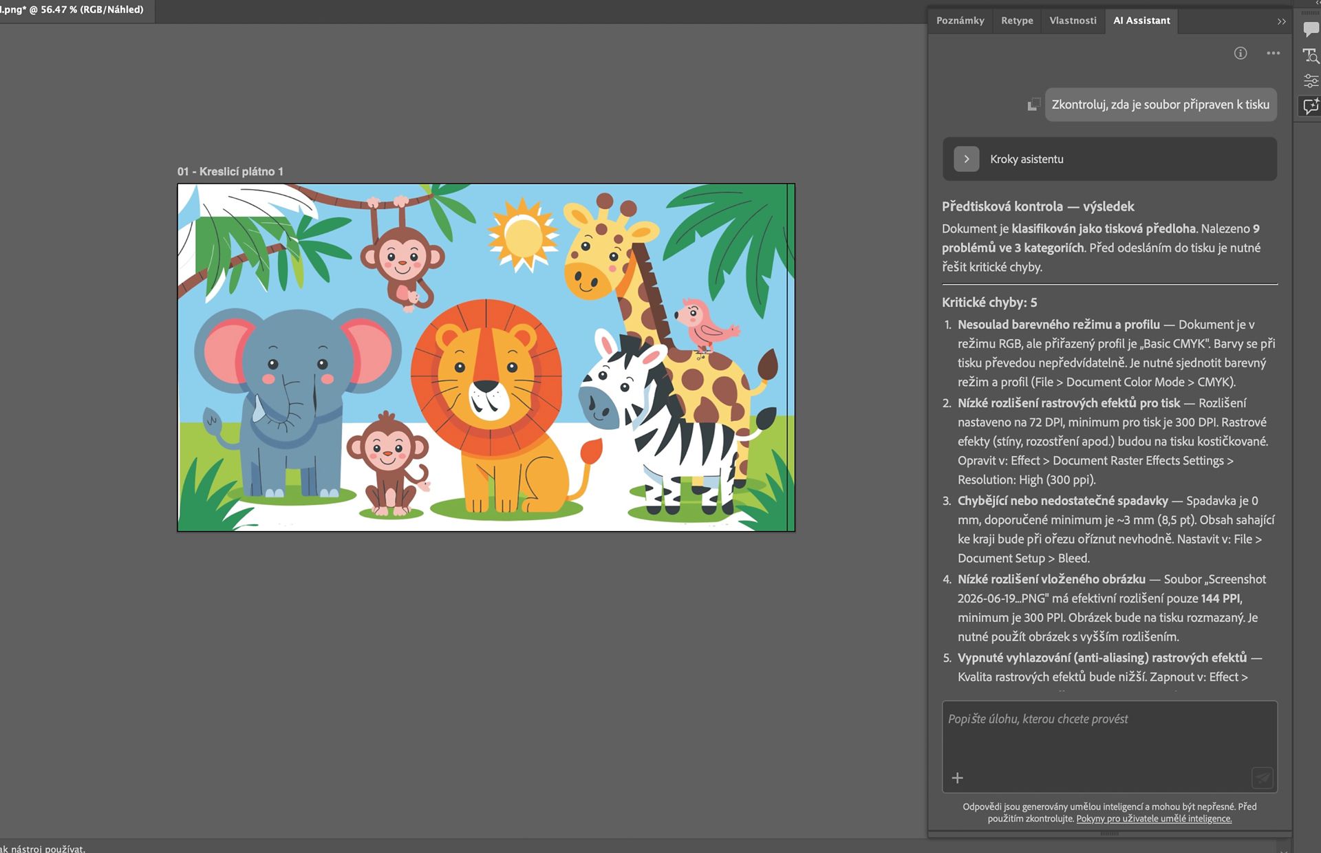 AI Asistent kontroluje ilustraci džungle a zobrazuje zprávu o připravenosti k tisku s problémy a doporučeními.