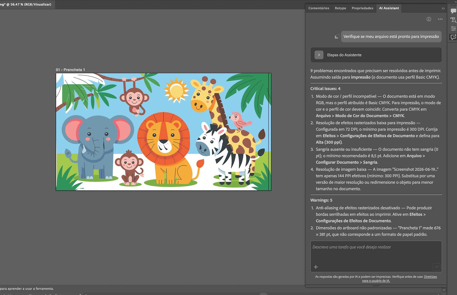 O Assistente de IA revisa uma ilustração de selva e exibe um relatório de preparação para impressão com problemas e recomendações.