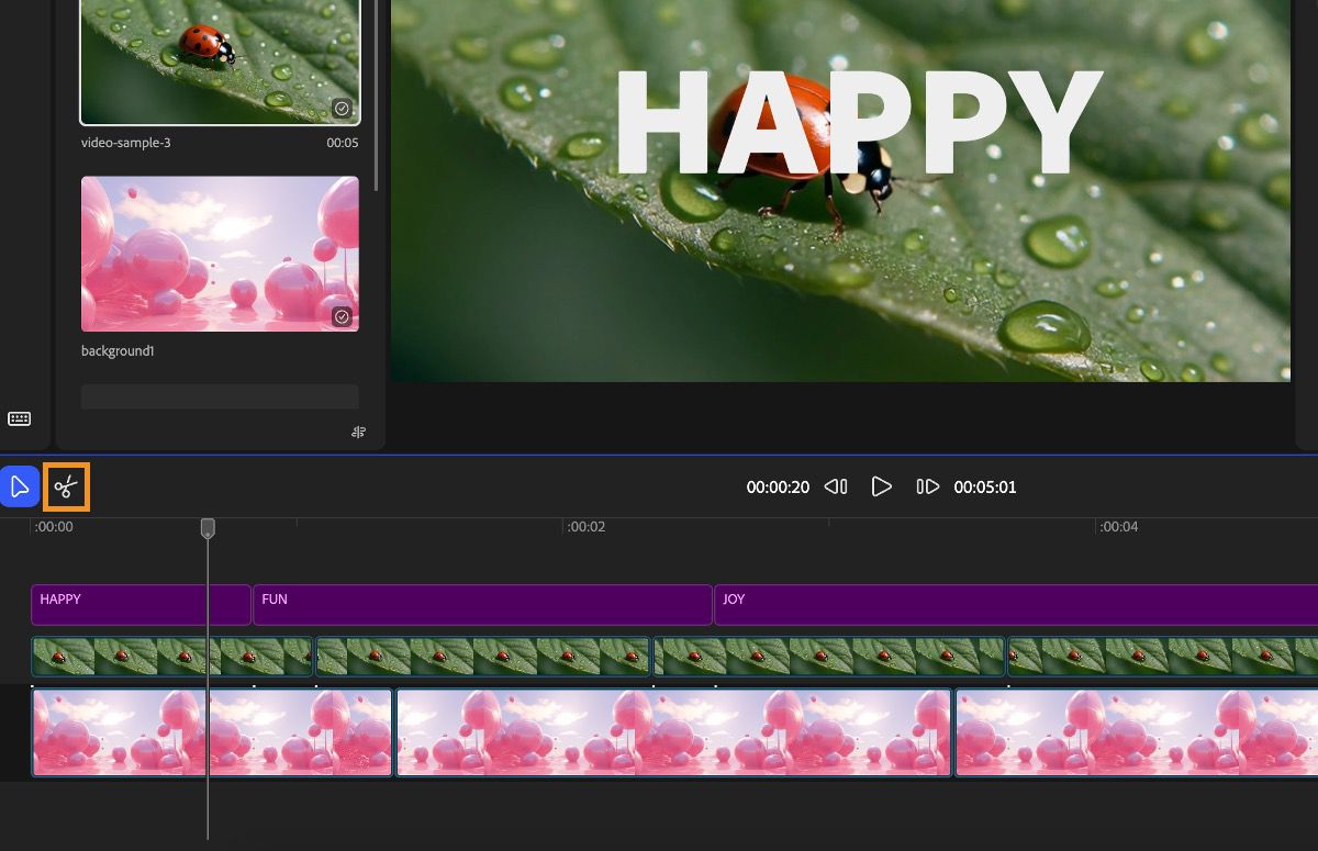 The snip tool is highlighted and there are video, image, and text layers in the timeline. There are multiple splits in each of those layers.