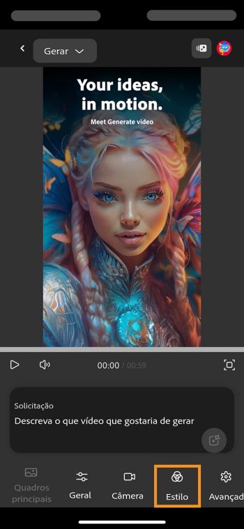 Na tela Gerar vídeo, a opção Estilo no painel inferior é realçada.