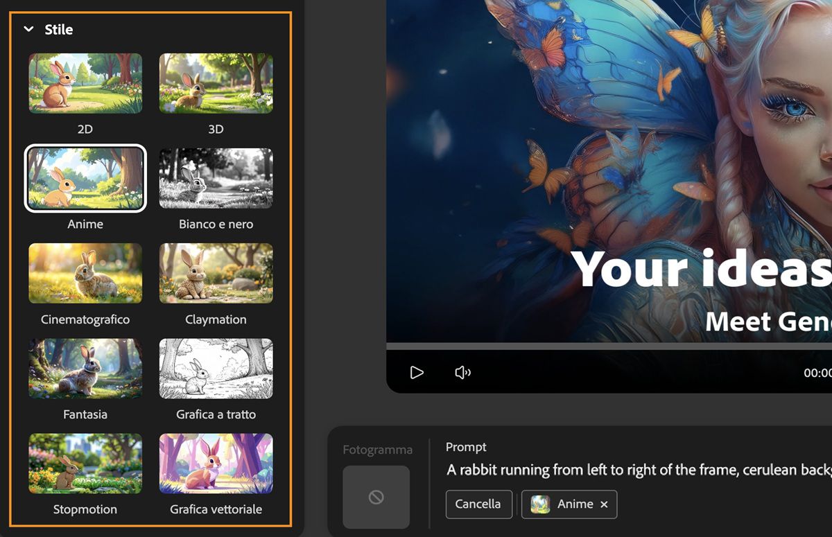 Il campo Prompt contiene una descrizione testuale per la generazione di video. Nel pannello Impostazioni di generazione, nella sezione Stile, il predefinito Stile anime viene selezionato da un elenco di predefiniti di stile disponibili.