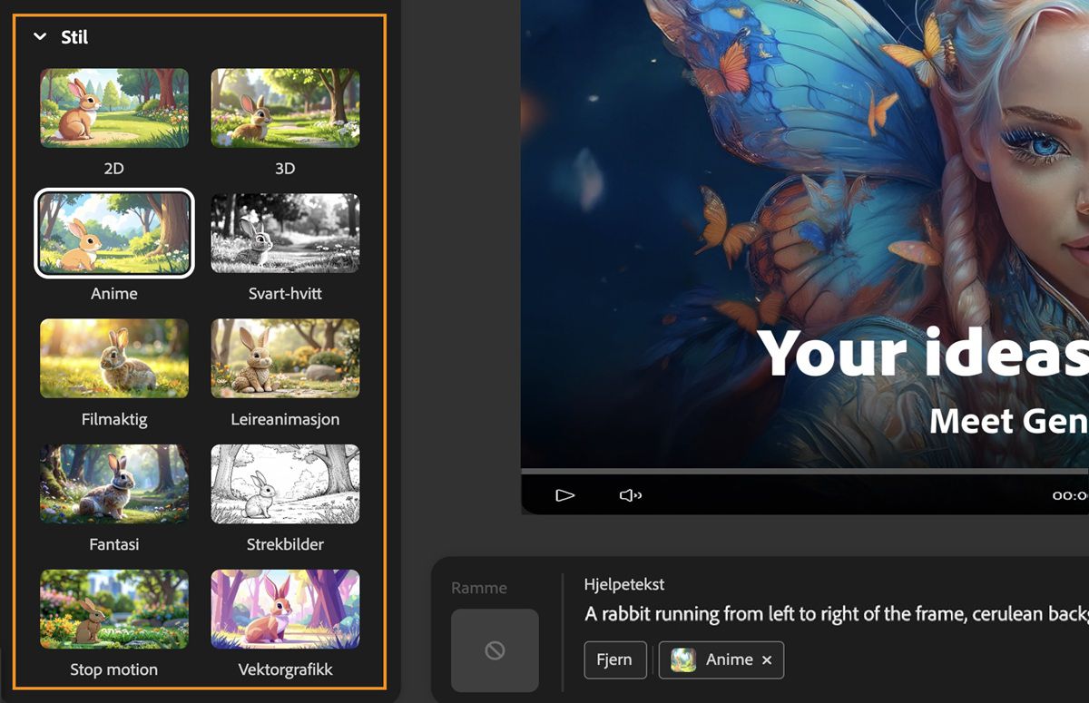 Ledetekst-feltet inneholder en tekstbeskrivelse for generering av video. I panelet for genereringsinnstillinger, under Stiler, er forhåndsinnstillingen for animestil valgt fra en liste over tilgjengelige forhåndsinnstillinger for stiler.