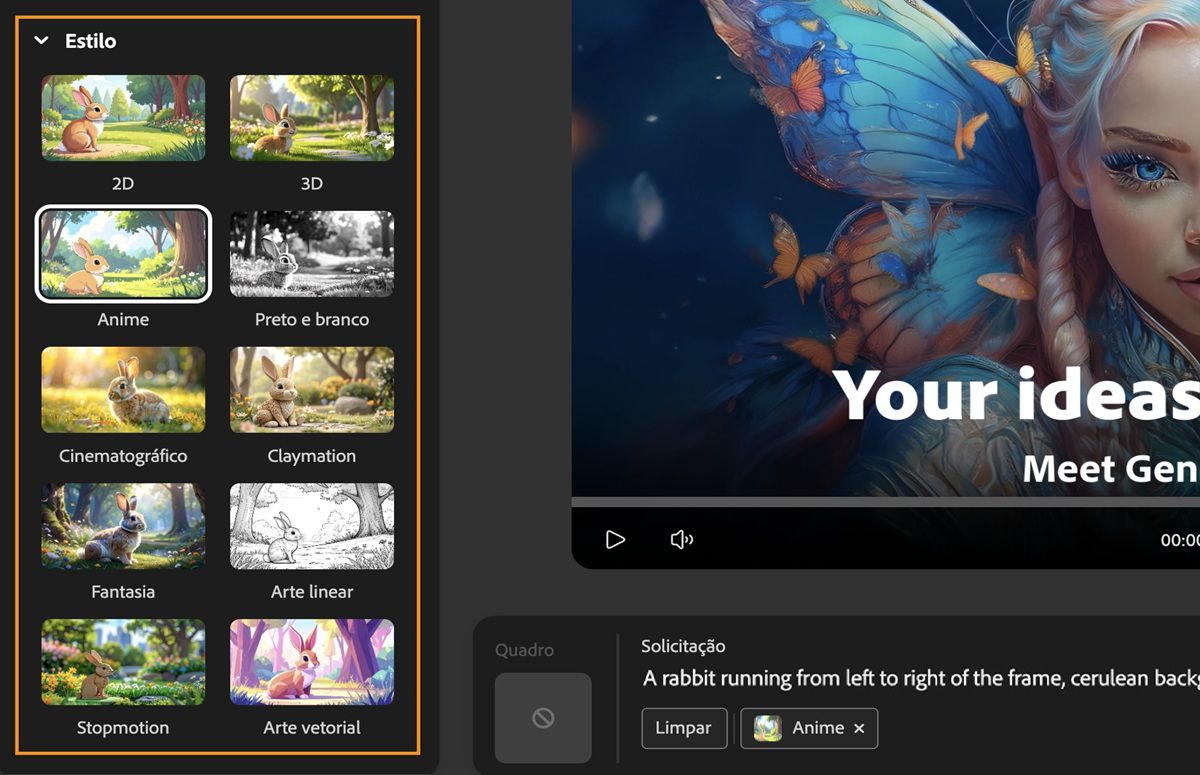 O campo Prompt contém uma descrição de texto para a geração de vídeo. No painel de configurações de geração, na seção Estilo, a predefinição de estilo de animação está selecionada em uma lista de predefinições de estilo disponíveis.