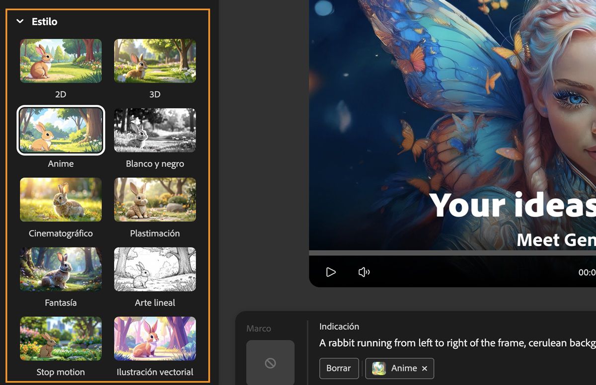 El campo Mensaje contiene una descripción de texto para la generación de vídeo. En el panel de configuración de generación, en la sección Estilo, el ajuste preestablecido de estilo Anime se selecciona de una lista de ajustes preestablecidos de estilo disponibles.