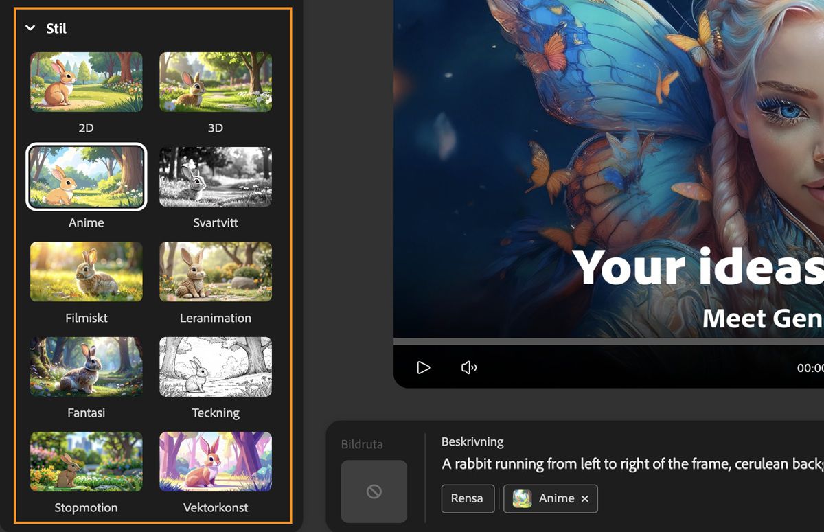 Uppmaningsfältet innehåller en textbeskrivning för videogenerering. Stilförinställningen Anime har valts i en lista med tillgängliga stilförinställningar under avsnittet Stil på panelen Genereringsinställningar.