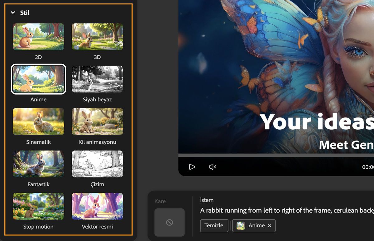 İstem alanında video oluşturma için bir metin açıklaması yer alır. Oluşturma ayarları panelinde, Stil bölümünün altında, kullanılabilir stil hazır ayarları listesinden Anime stili hazır ayarı seçilir.