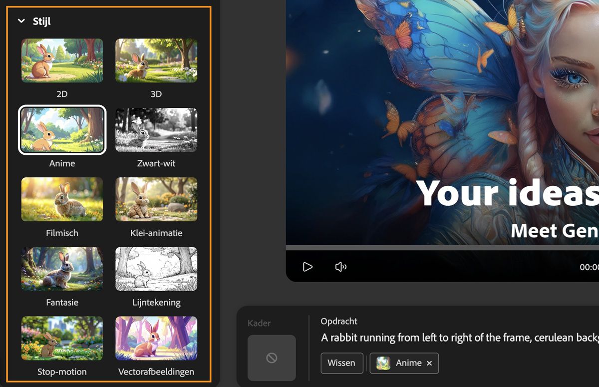Het veld Opdracht bevat een tekstbeschrijving voor het genereren van video's. In het deelvenster Generatie-instellingen is onder het gedeelte Stijl de voorinstelling Anime-stijl geselecteerd uit een lijst met beschikbare stijlvoorinstellingen.