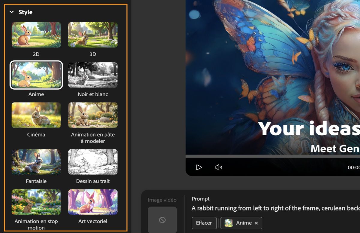 Le champ Prompt contient une description textuelle pour la génération vidéo. Dans le panneau Paramètres de génération, sous la section Style, le paramètre prédéfini de style Anime est sélectionné parmi une liste de paramètres prédéfinis de style disponibles.