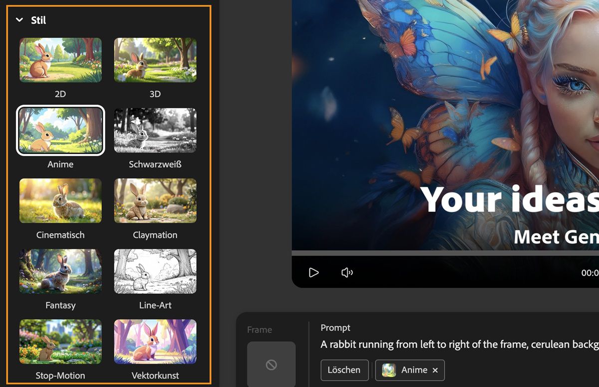 Das Feld „Beschreibung&quot; enthält eine Textbeschreibung für die Videogenerierung.Im Bereich „Einstellungen der Generierung“ im Abschnitt „Stil“ ist die Vorgabe „Anime-Stil“ aus einer Liste verfügbarer Stilvorgaben ausgewählt.
