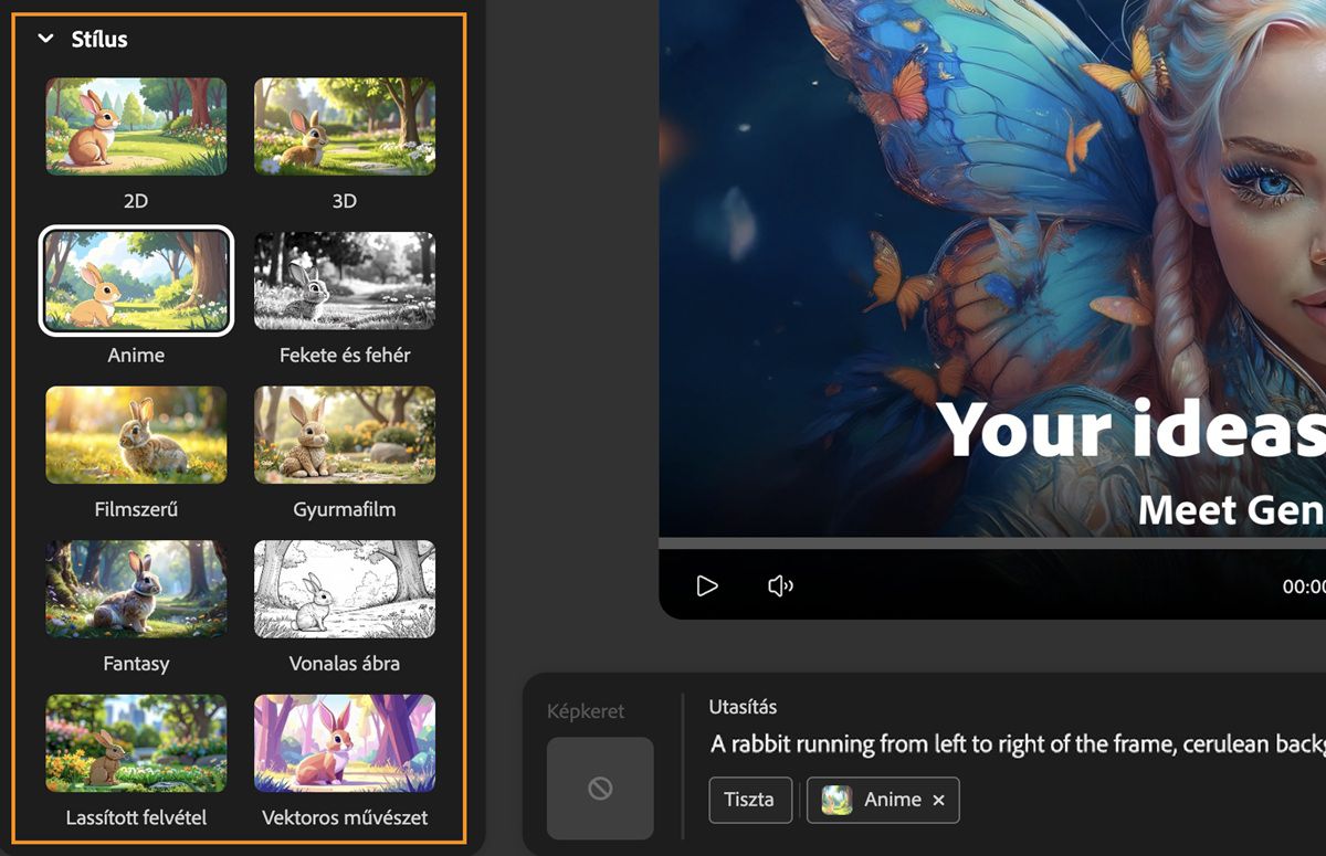 Az Utasítás mező egy szöveges leírást tartalmaz a videó létrehozásához. A létrehozási beállítások panelen a Stílus szakaszban az Anime stíluskészlet van kiválasztva az elérhető stíluskészletek listájából.