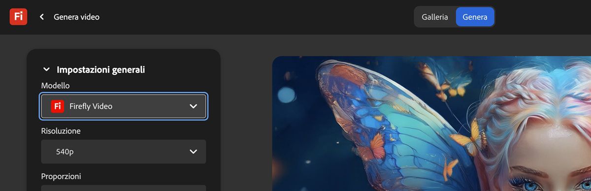 Nelle impostazioni generali della pagina Genera video, l’opzione Video di Firefly è selezionata come modello per la generazione video.