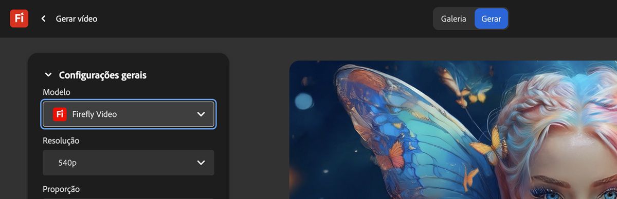 Na página Gerar vídeo, nas Configurações gerais, Firefly Video é selecionado como o Modelo para geração de vídeo.