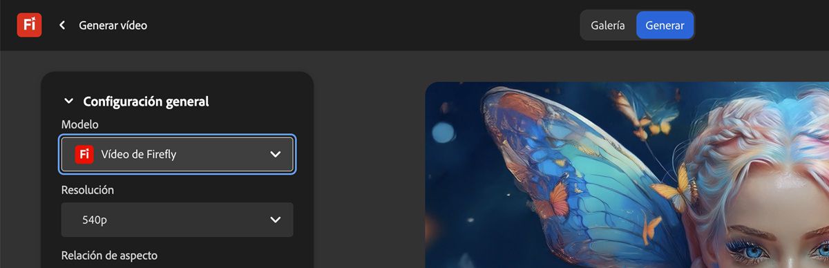 En la página Generar vídeo, en la configuración General, se selecciona Vídeo de Firefly como modelo para la generación de vídeo.