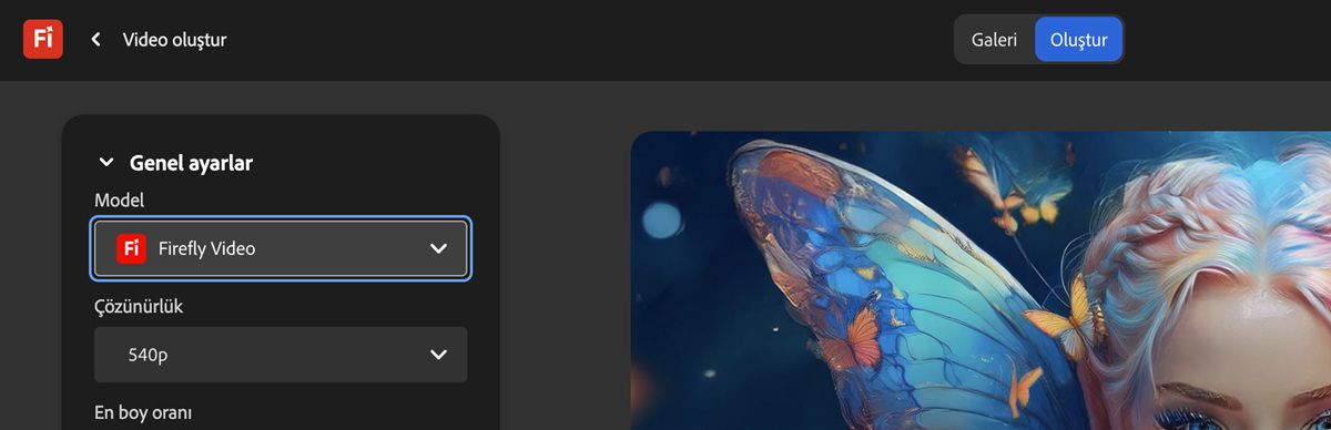 Video oluştur sayfasında, Genel ayarlarda, video oluşturmak için Model olarak Firefly Video seçilir.