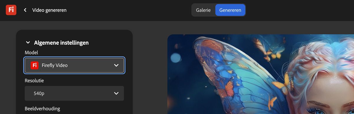 In de algemene instellingen op de pagina Video genereren is Firefly Video geselecteerd als het model voor het genereren van video's.