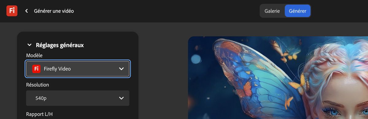 Dans les réglages généraux de la page Générer une vidéo, Firefly Video est sélectionné comme modèle de génération vidéo.