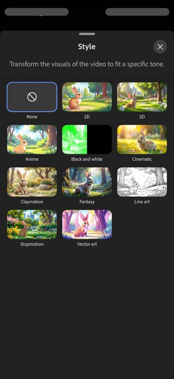 A seção Estilo está aberta e há uma lista de predefinições para seleção. Nenhuma predefinição selecionada para a geração do vídeo.