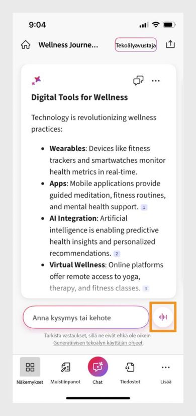 Acrobat PDF Spaces -toiminnon Oivallukset-paneelissa näkyy korostettu äänipainike Kehote-kentän vieressä.