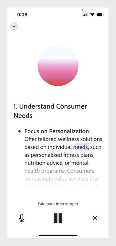 O Acrobat PDF Spaces no modo de voz sem as mãos com opções para silenciar o microfone e pausar a reprodução de áudio.