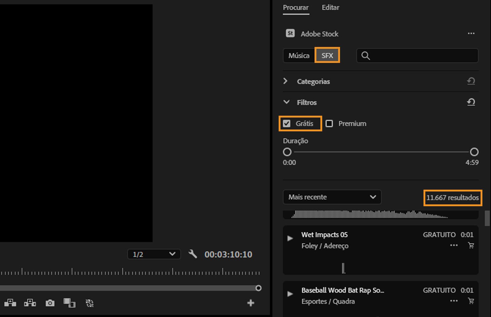 A interface do painel “Áudio essencial” aberta com a opção de música gratuita filtrada e as faixas de música gratuitas disponíveis exibidas. 