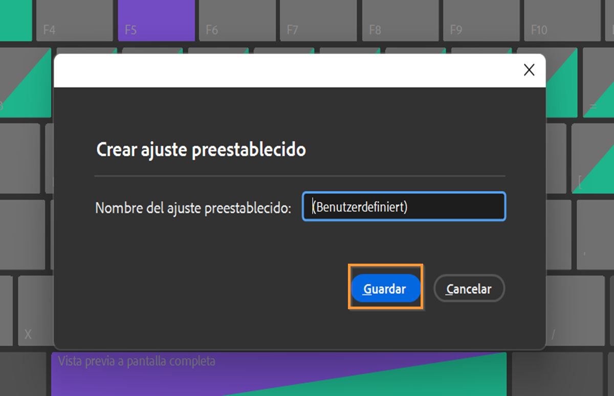 Utilice el cuadro de diálogo Crear ajuste preestablecido para guardar los métodos abreviados de teclado personalizados.