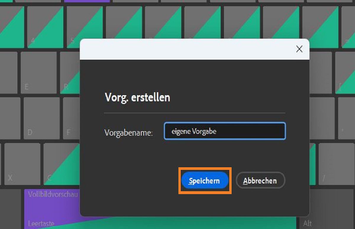 Verwende das Dialogfeld „Vorgabe erstellen“, um die benutzerdefinierten Tastaturbefehle zu speichern.