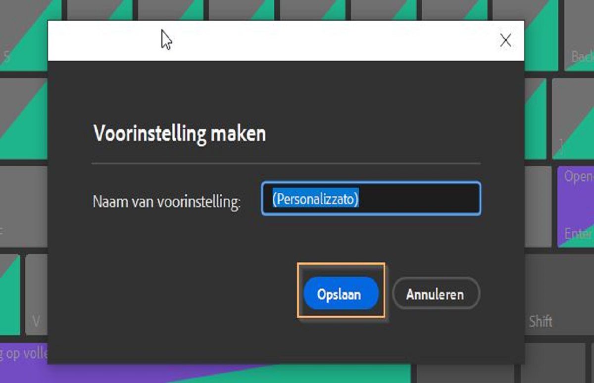 Gebruik het dialoogvenster Voorinstelling maken om de aangepaste sneltoetsen op te slaan.
